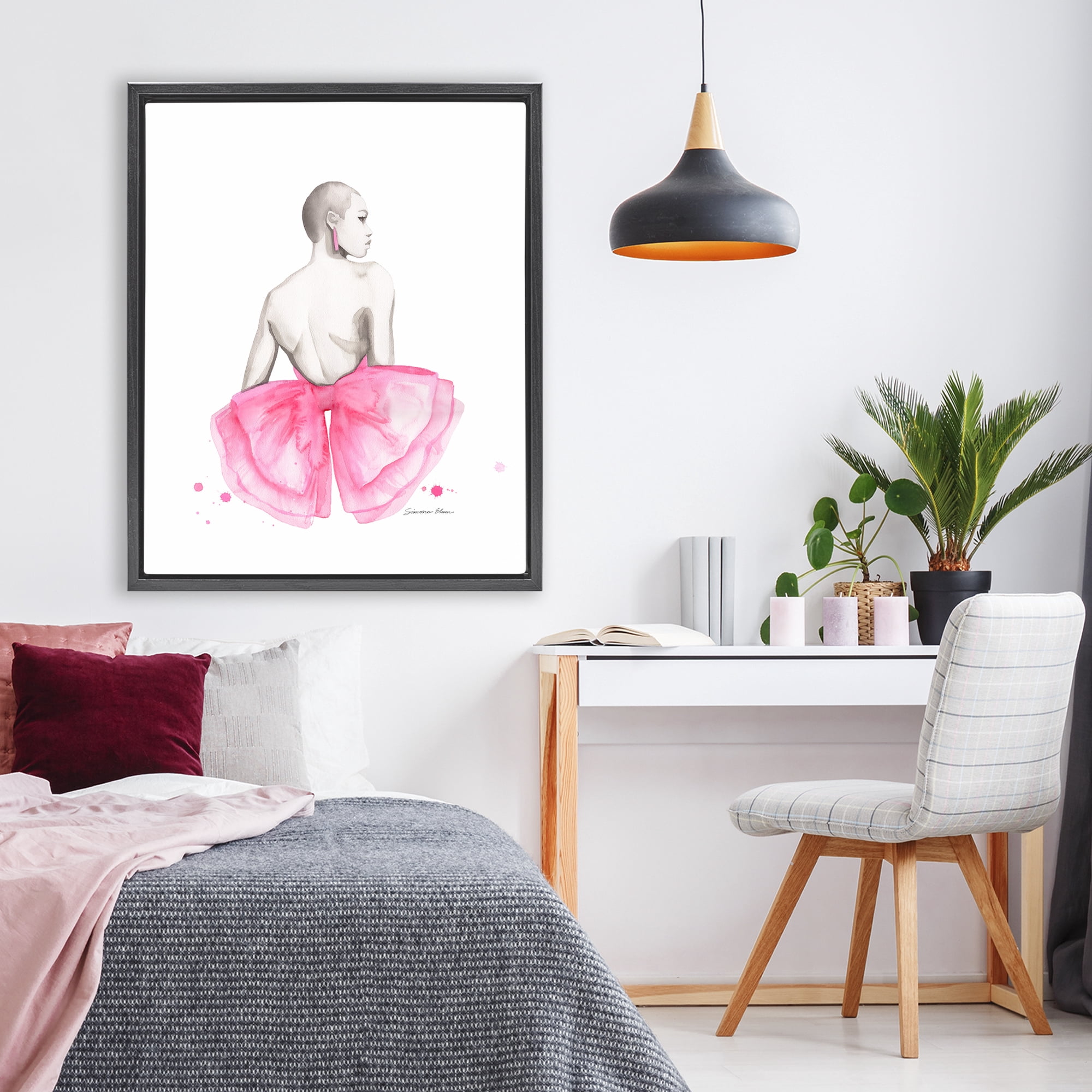 Stupell Industries Pink Bow Portrait From Behind Black Framed Floater Canvas Wall Art, design by Simone Elum