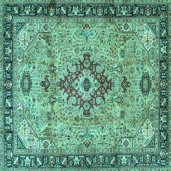 Ahgly Company Machine Washable Indoor Square Medallion Turquoise Blue Traditional Area Rugs, 5' Square
