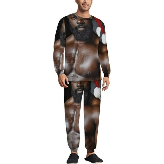 Strong Black Santa Claus Men's Pajama Set Sleepwear Pjs Lightweight Long Sleeve Crewneck Shirts and Bottoms Soft Comfy Sleep Sets XS