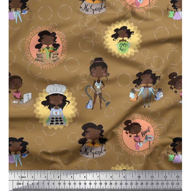 Soimoi Brown Moss Georgette Fabric Circle,Cook & Working Girl Decor Fabric Printed Yard 42 Inch Wide
