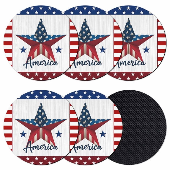 Independence Day Coasters Set of 6, Absorbent Coasters for Drinks, Blue Red Star American Flag Striped Coaster for Desk Coffee Table Protection, Home Decor House Warming Gifts 4"