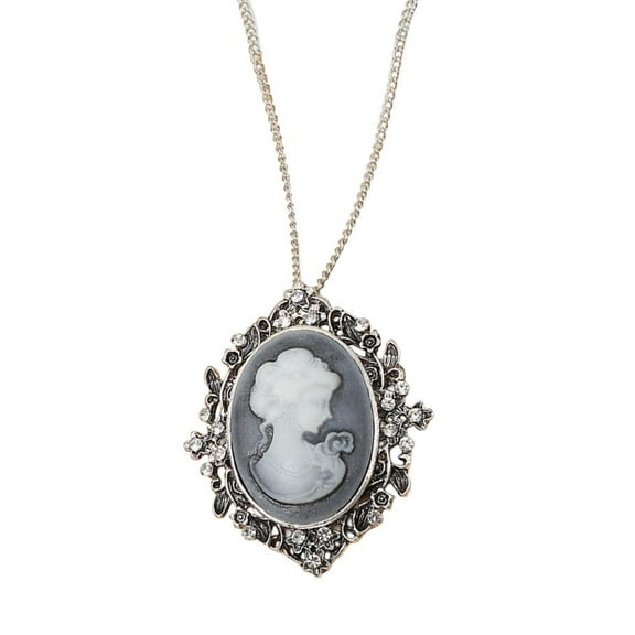 Oval Cameo Pendant Necklace with Crystal Rhinestones Vintage Jewelry Accessory