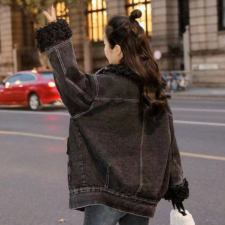 Black denim jacket with wool cheap lining
