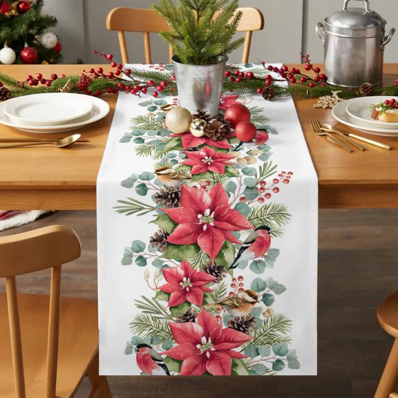 Table Runner 36 Inches Long - Christmas Farm Red Flowers Decorative Table Scarf, Country Floral Art Bird Dining Table Runners for Wedding Party Kitchen Dining Tables
