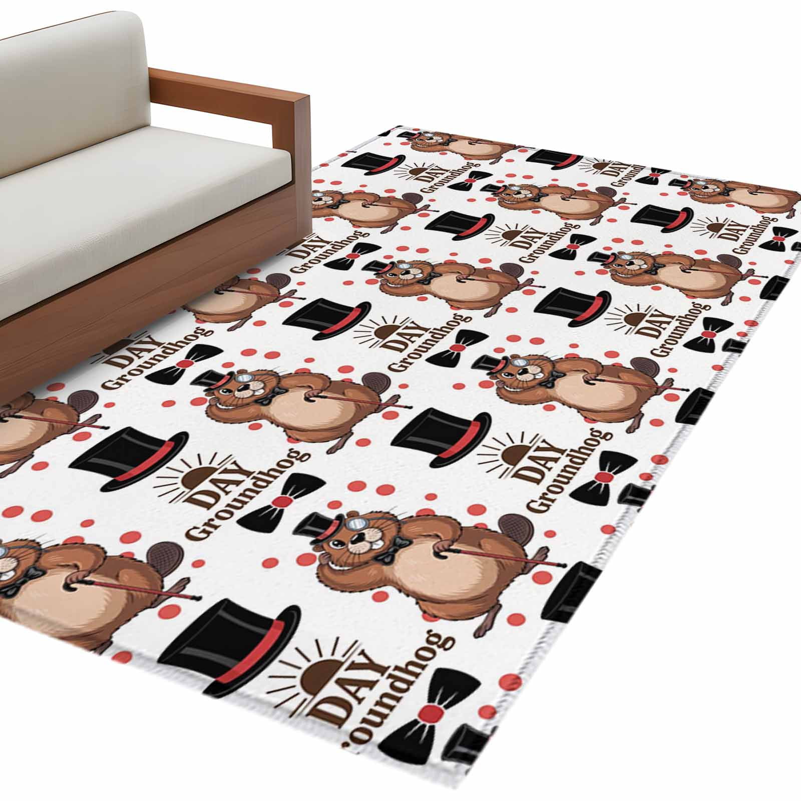 Happy Groundhog Day Area Rugs Collection 3 x5 Vintage Cartoon Black Hat Groundhog Non Slip Indoor Rectangle Throw Runner Rug Floor Mat Carpet for Living Room Dining Table Bedroom Nursery