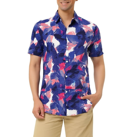 Lars Amadeus Men's Printed Button Down Short Sleeves Hawaiian Color Block Shirts
