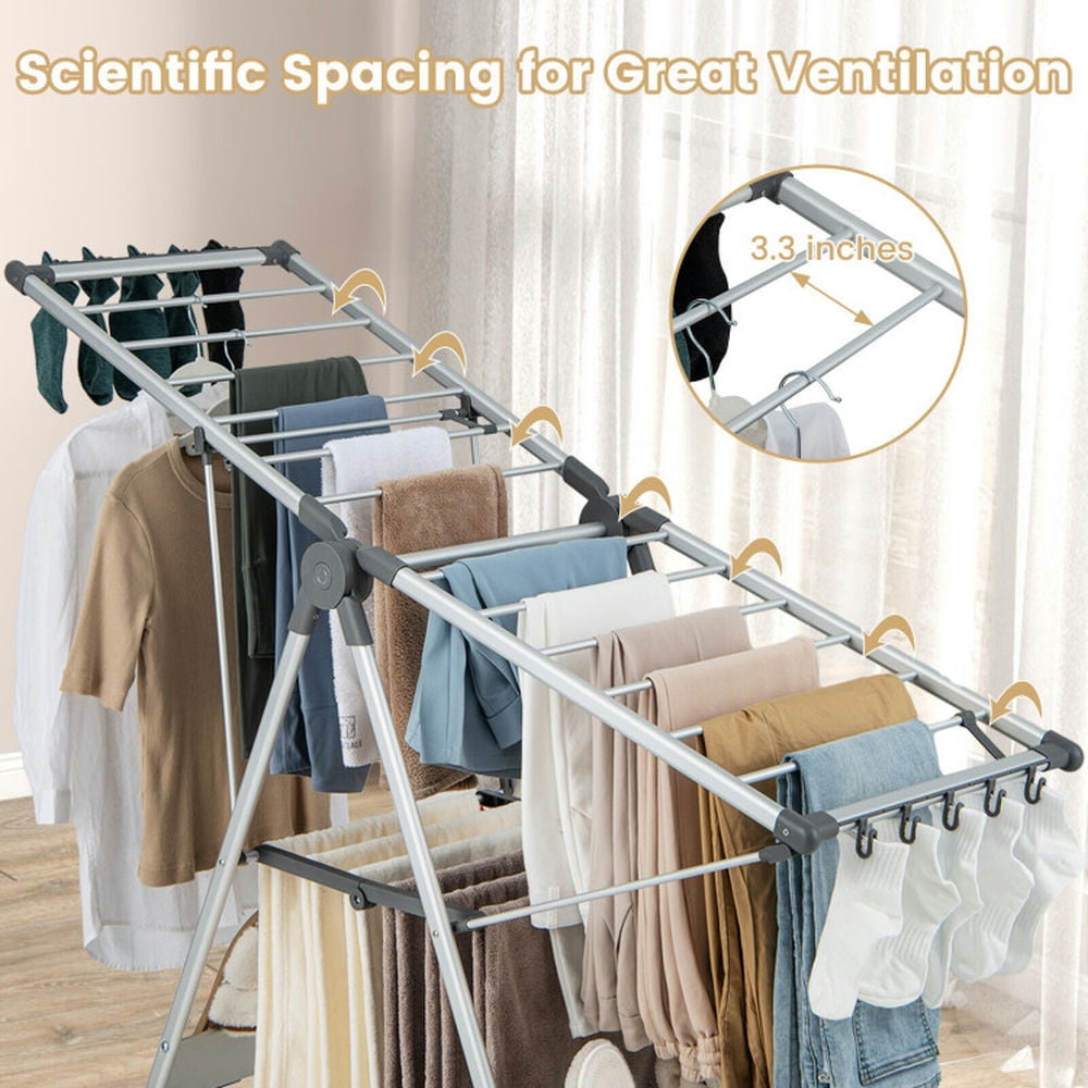 Finihen Drying Rack, Clothes Drying Rack, 2-Layer Folding Clothes Drying Rack with 5-Level Adjustable Height, for Indoor, Outdoor, Silver Finihen Drying Rack, Clothes Drying Rack, 2-Layer Folding Clothes Drying Rack with 5-Level Adjustable Height, for Indoor, Outdoor, Silver