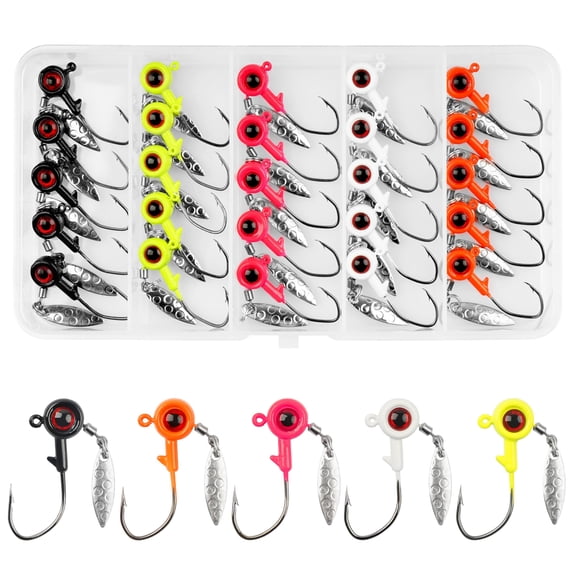 A 25-piece fishing jig head set, including down-spinning lures, lure heads with rotating blades, and lures with painted eyes, suitable for fishing bass and trout, both in saltwater and freshwater,