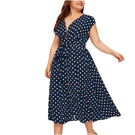 asdoklhq Skirt for Women Plus Size,Plus Size Polka Dot Print Dress Button Lace-up Waist V-neck Skirt
