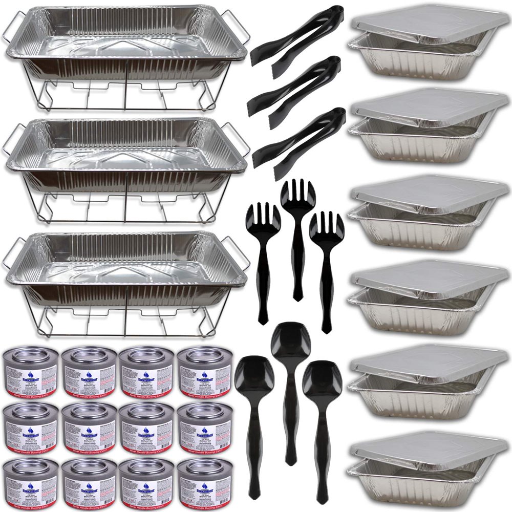 3 Disposable Chafing Dish Serving Sets W/Fuel Wire Racks, Water Pans, Half Size Food Pans w
