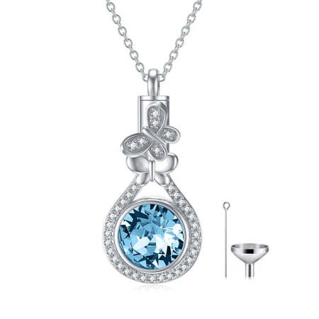 Butterfly Light Blue Urn Necklace for Ashes Sterling Silver Butterfly Cremation Jewelry Memorial Keepsake Pendant with Aquamarine March Birthstone Crystal