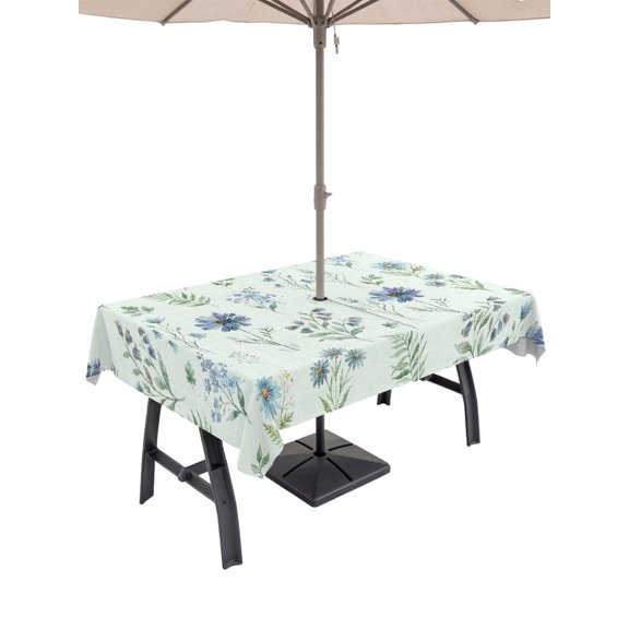 Outdoor Tablecloths with Umbrella Hole & Zipper, Blue Floral Spring Rectangle Tablecloth 52x70 Inch, Sage Green Farmhouse Botanical Chic Waterproof Table Cloth, Patio/Pool/Picnic Table Covers