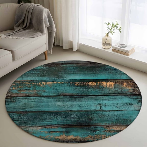 Round Rugs 4Ft, Teal Brown Vintage Wood Round Area Rug Washable Indoor Throw Carpet, Abstract Retro Shabby Plank Soft Non Slip Circle Rug for Kitchen Nursery Room Home Decor Aesthetic