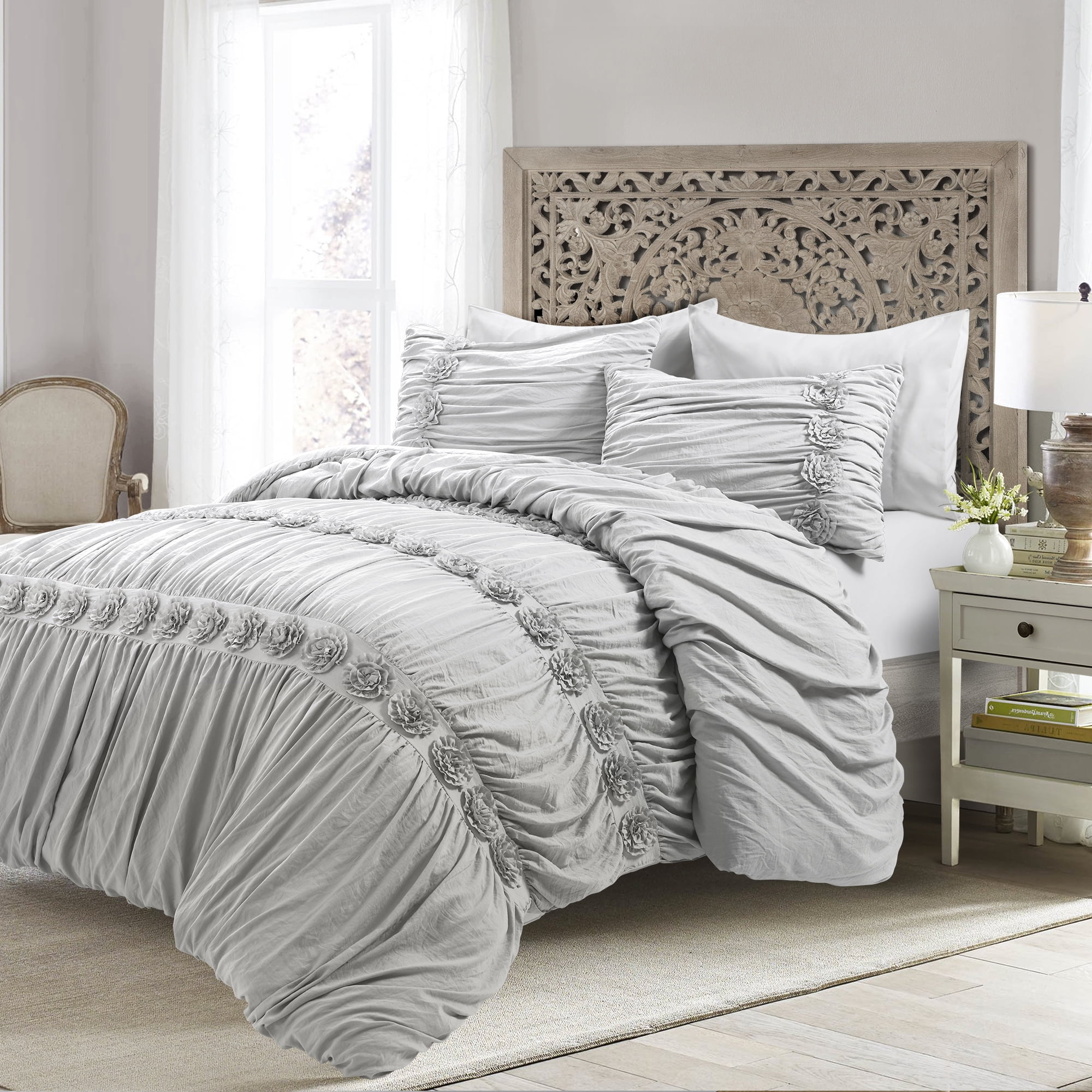 Lush Decor Darla Textured Ruching Comforter King Light Gray 3 Pc Set