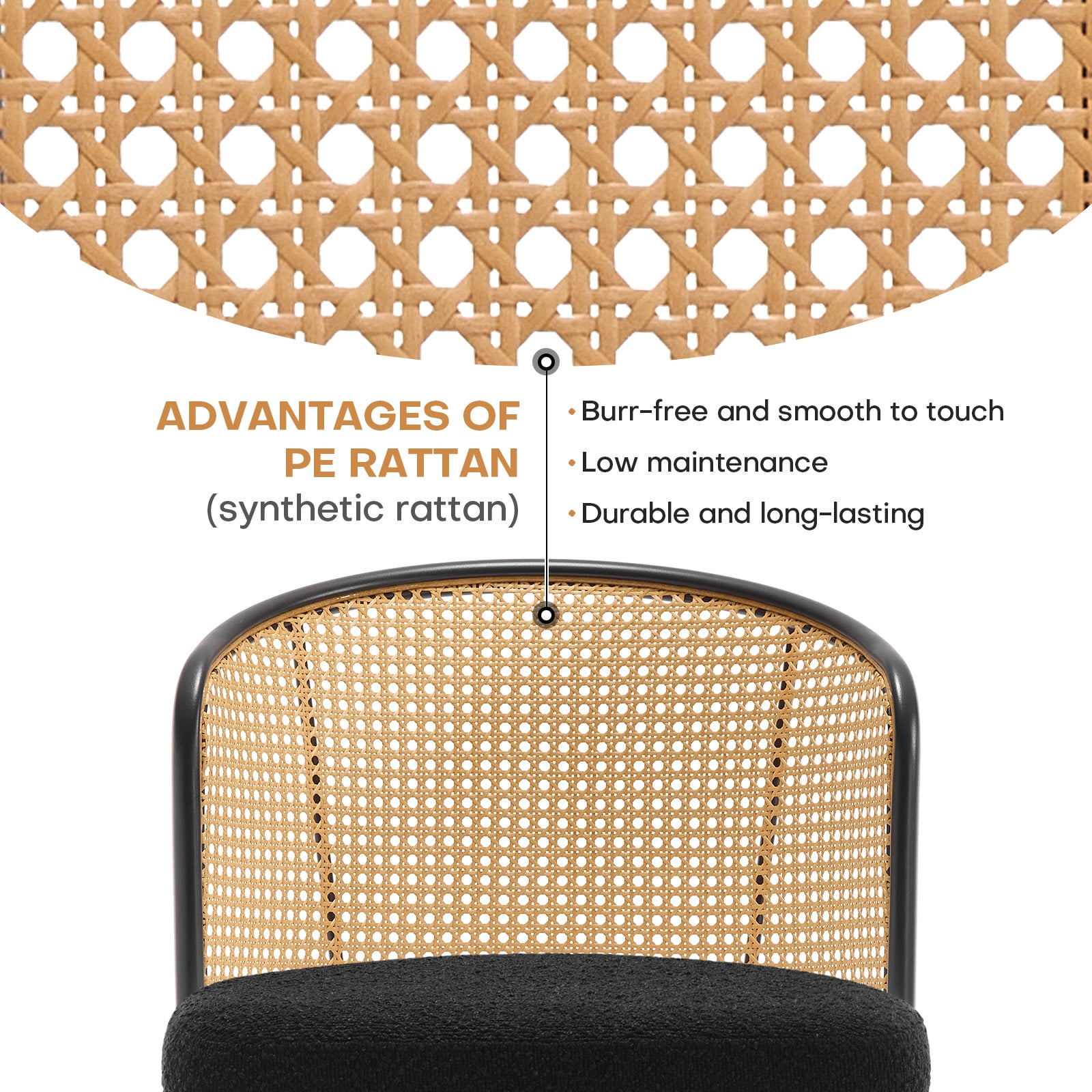Foreate Cane Swivel Barstools Set of 2, 26" Seat Counter Height w/ Rattan Mid-Back Metal Legs, Upholstered Boucle Fabric Modern Armless Bar Stools Chairs for Kitchen Island Pub