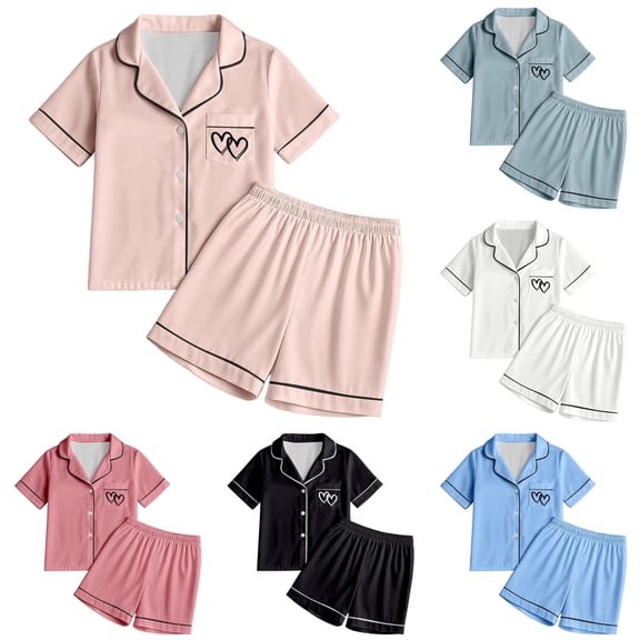 REDARER Tween Girls Lapel Button Satin Pajama Set Short Sleeve Shorts Solid Piping Twin Heart Pocket Print Soft Summer Sleep Loungewear For Kids,4-5 Years