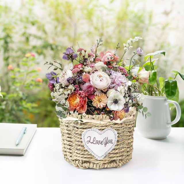 Handwoven Rattan Flower Pot Basket and Small Plants, Natural Straw Decorative Planter for Home Office Balcony Decor