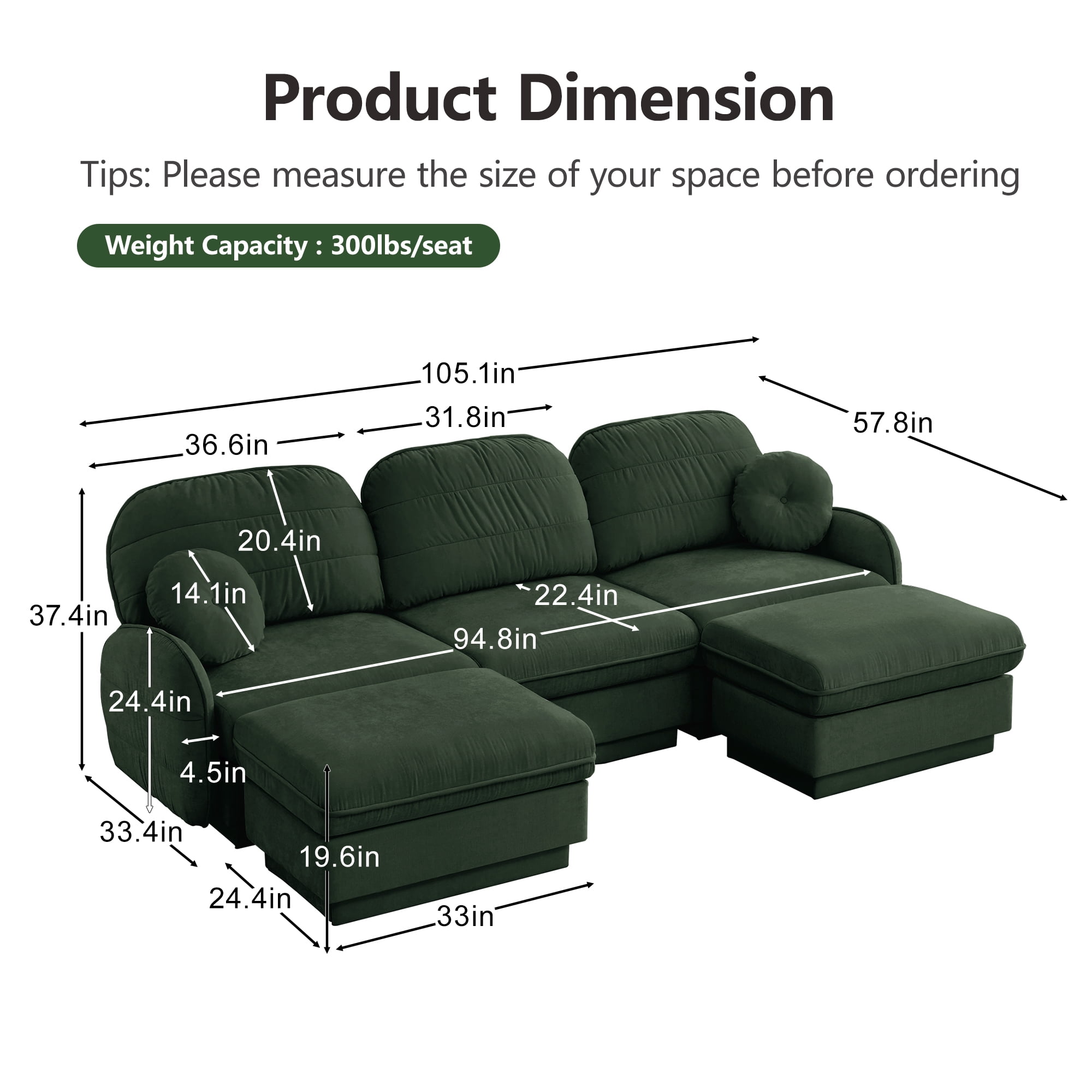 Mintazer 105" Chenille Cloud 3-Seater Modular Sectional Sofa with 2 Movable Ottoman & Round Pillows, U-Shaped Ergonomic Sofa Couch for Living Room, Apartment, Green