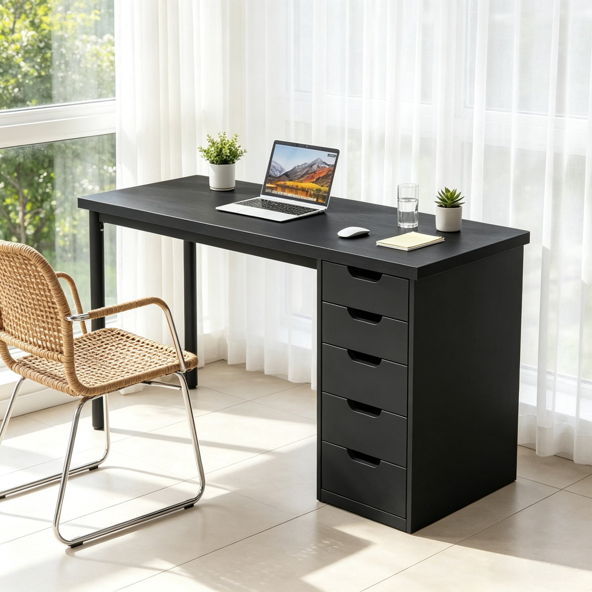 Modern Computer Desk, 47" Writing Desk with 5 Reversible Storage Drawers for Home Office