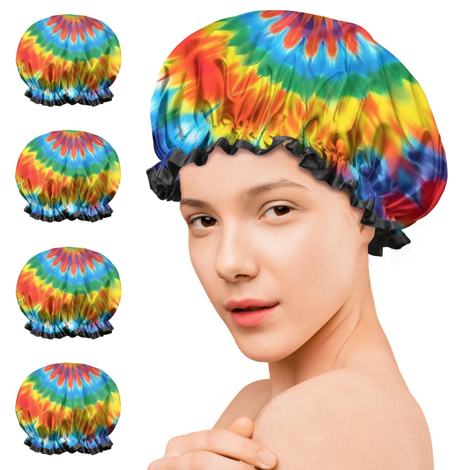 Shower Caps,Colorful Rainbow Tie Dye Spiral Pattern Waterproof Shower Cap for Women 4 Pieces,Double Reusable Hair Cover for Shower PEVA Elastic Stretch Hem
