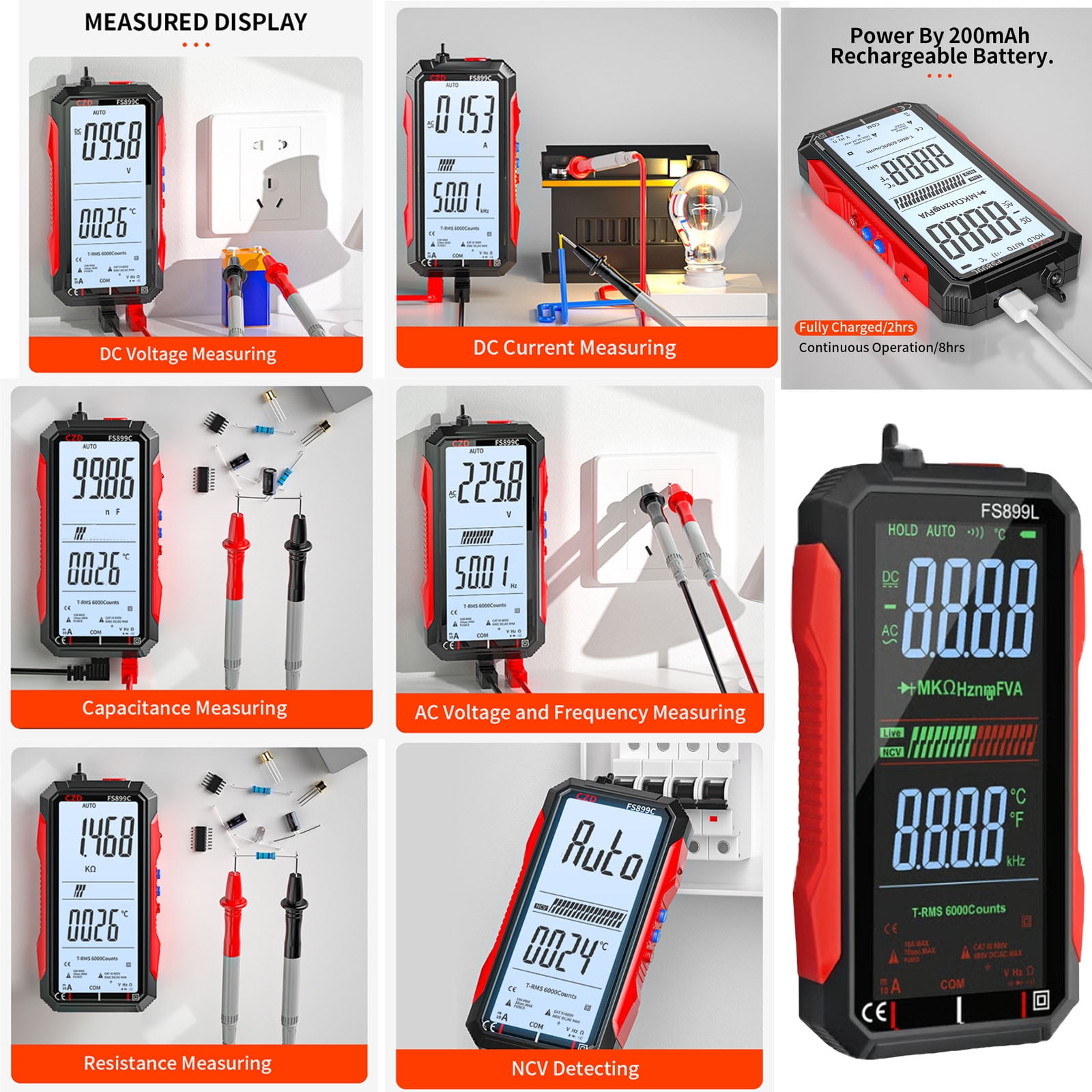 True RMS 6000-Count Digital Voltmeter, FS899L Digital Multimeter USB Rechargeable with Color Screen, Smart Auto-Ranging Electrical Tester for Home, Industrial & Car Electrical Testing