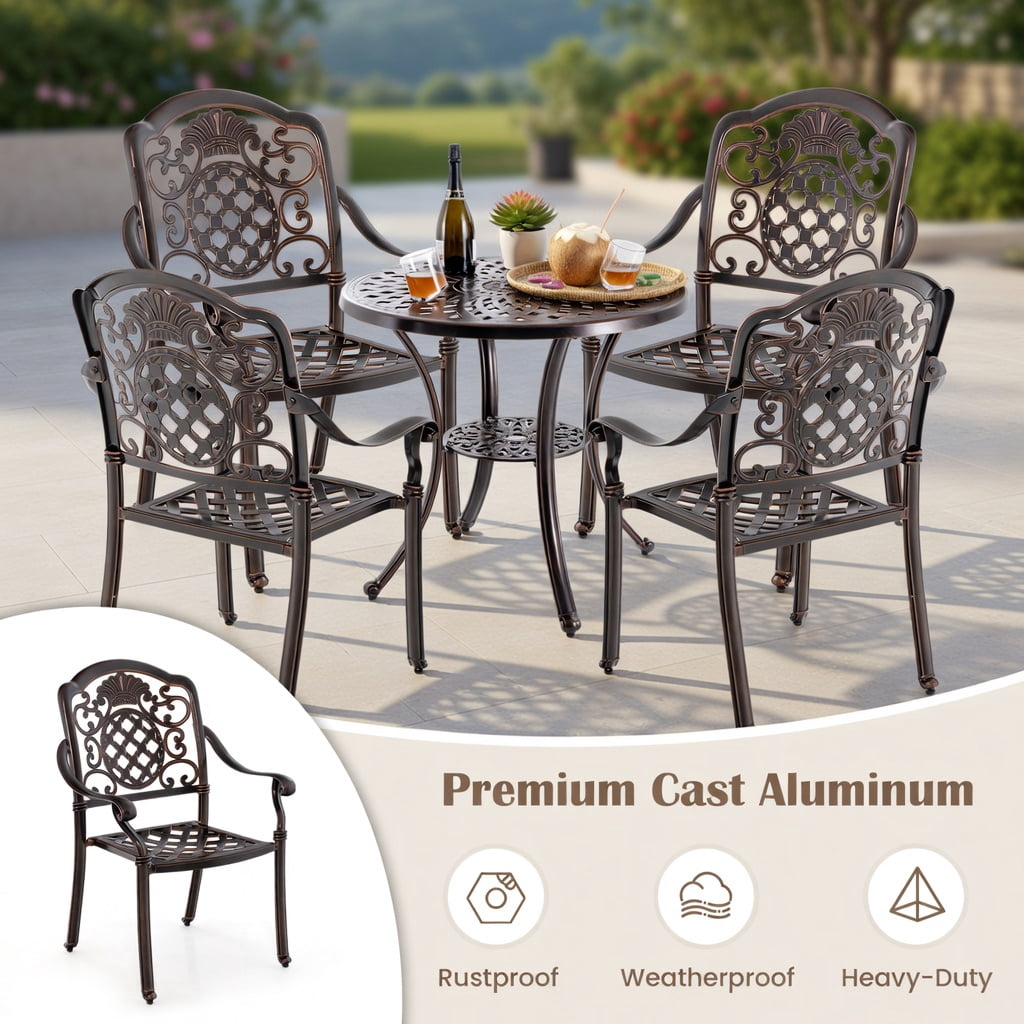 Hommoo 2-Pack Stackable Cast Aluminum Patio Dining Chairs in Red Copper, Rustproof, Weather-Resistant Outdoor Armchairs with Ergonomic Design & Adjustable Feet, Brown+Black