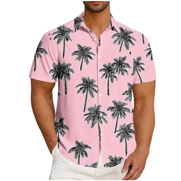 T-shirts for men Plus Size under $5 Hawaiian Print Lapel Collar Short Sleeve Button-Up Shirt Trendy Shirt Pink L