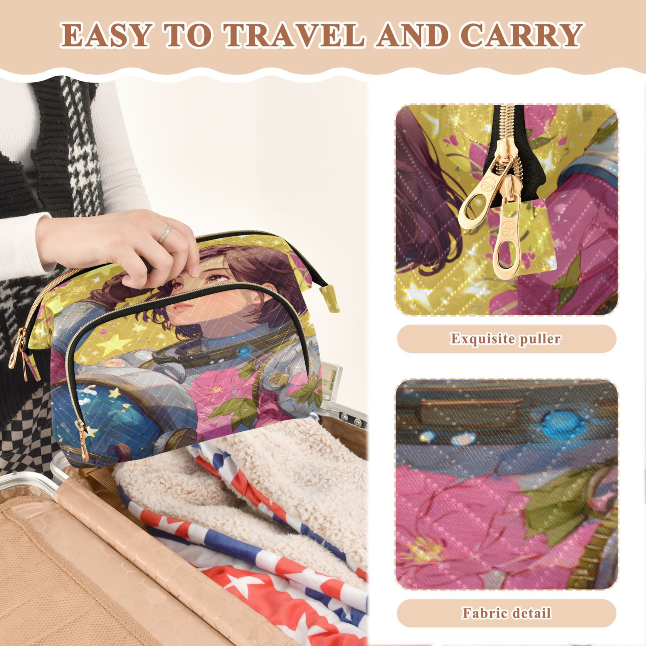 Wavy Quilted Cosmetic Bag Large-Capacity Travel Toiletry Organizer Includes 9-Piece Portable Travel Bottle Set Anime-style Astronaut