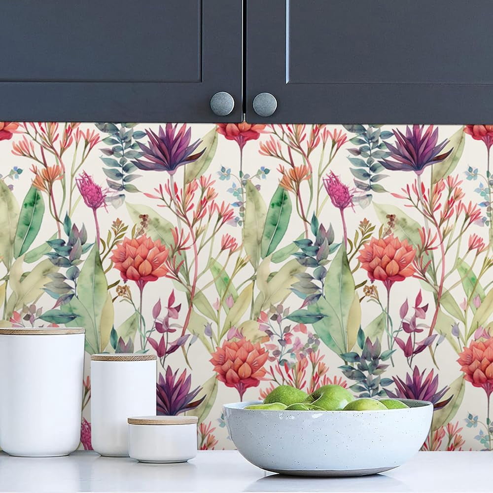 Watercolor Purple/Red/Green Grass Wildflower Floral Peel and Stick Wallpaper Wall Decor Self Adhesive Wall Paper Stick on Easy Peel Off Contact for Renter Apartment