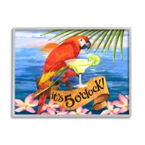 Stupell Industries Tropical Parrot with Cocktail Animals & Insects Painting Gray Framed Art Print Wall Art, 30 x 24