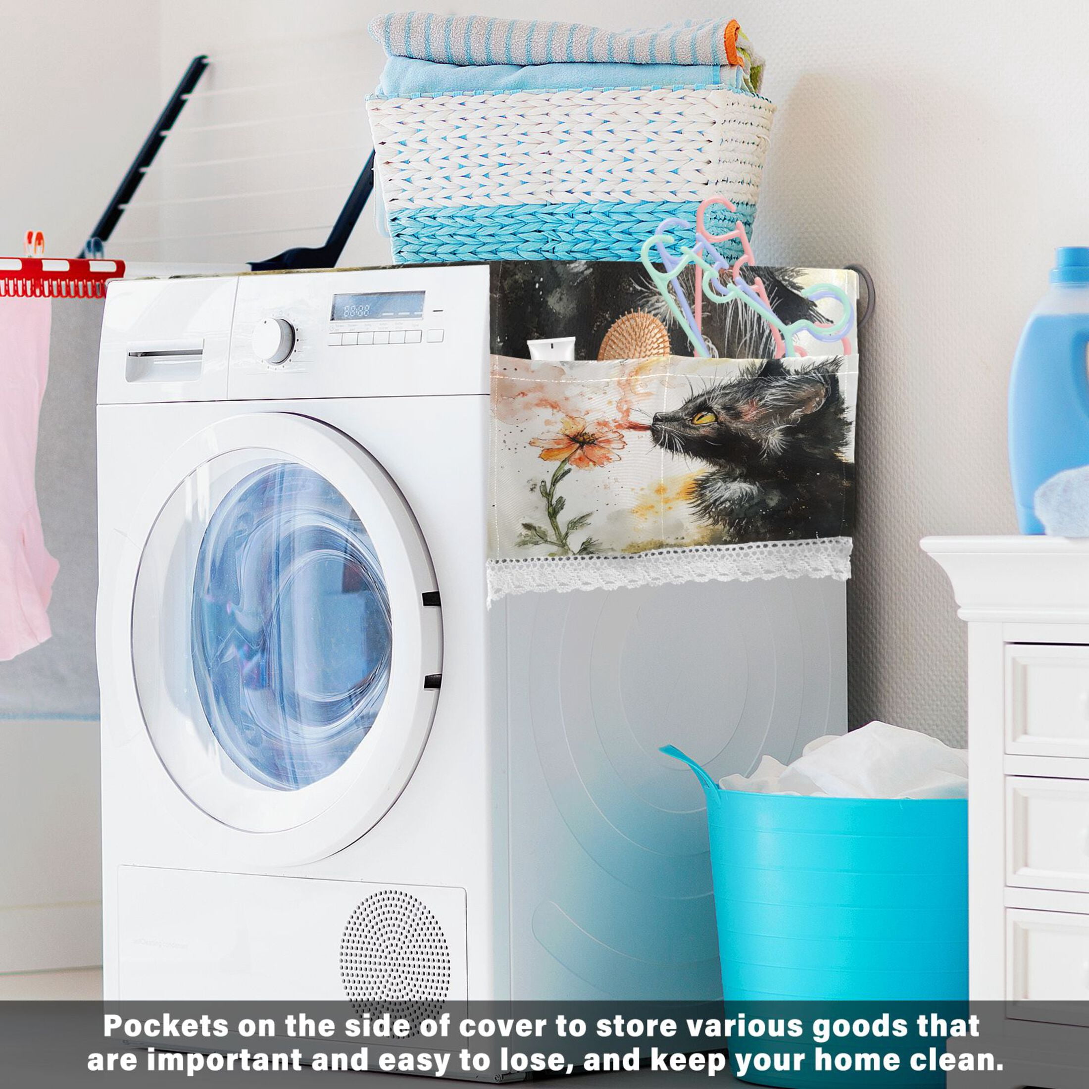WOBOGO Skinny Black Cat Washing Machine Cloth Dryer Refrigerator Top Cover Protective Non-Slip Mat For Kitchen Laundry