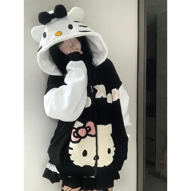 Sanrio Hello Kitty Lamb Fleece Hooded Sweatshirt Anime Cartoon Kitty Zipper Jacket Female Loose Winter Student Couple Sweater