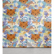 Ambesonne Cartoon Peel & Stick Wallpaper for Home, Tigers and Leafy Branches, 13"x100", Dark Orange Multicolor