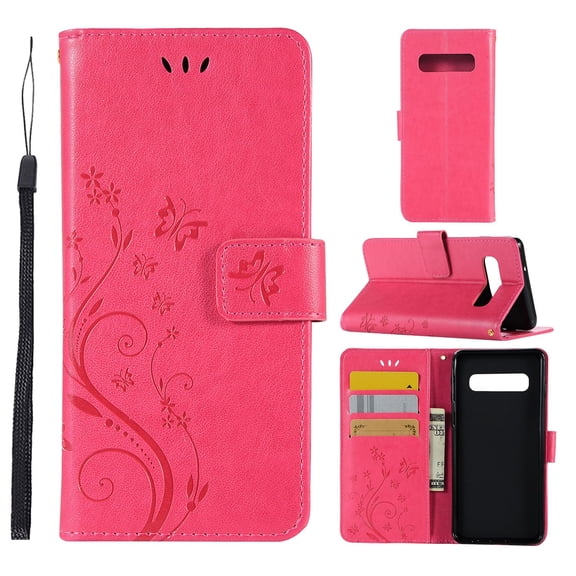 S10 Plus Case, Samsung Galaxy S10 Plus Case - Allytech Premium Wallet PU Leather with Fashion Embossed Flower Magnetic Clasp Card Holders Flip Cover with Hand Strap, Rose