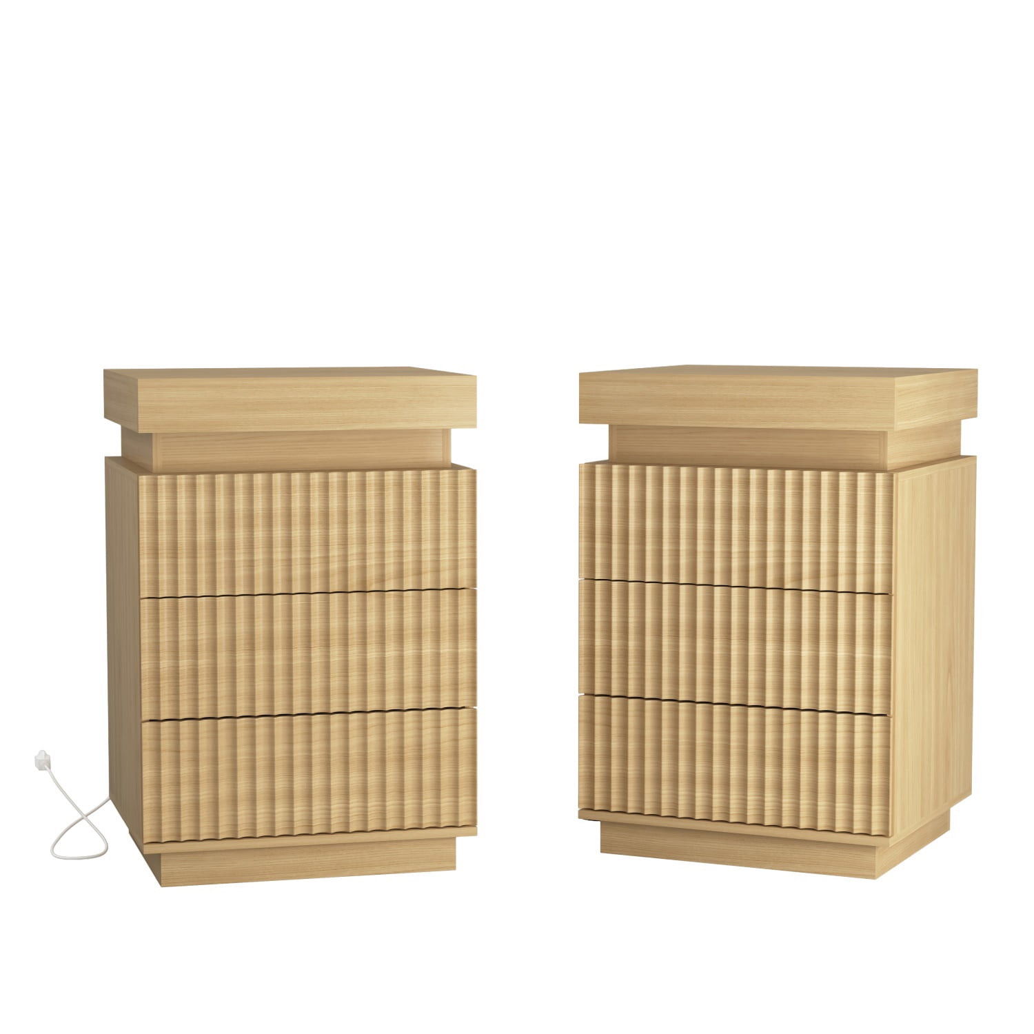 Hommoo Nightstand End Table Set of 2 with Fast USB Charging Station, Modern Wood Storage Sofa Side Table with 2 Drawers and LED lights, for Living Room,Bedroom,Office, Natural