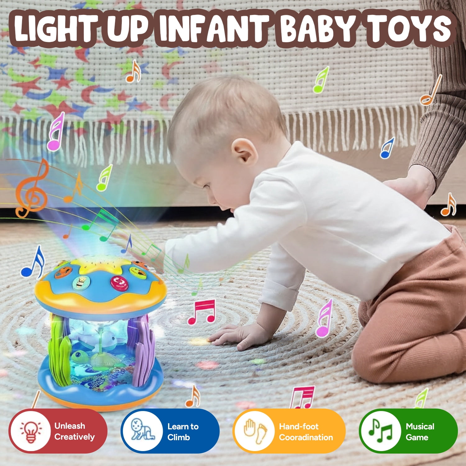 LieGorJi Babies Ocean Rotating Musical Toys, Infant Crawling Tummy Time Toys, Learning Musical Toy, Birthday Gifts for 1-3 3-5 5-8 Year Old (Blue)