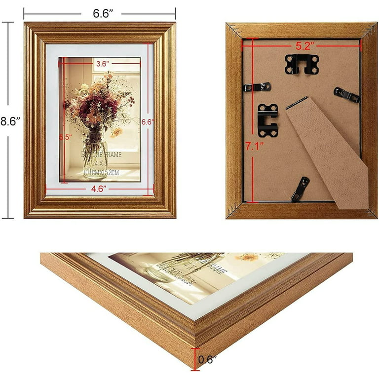 8x10 Picture Frame With Optional Mat, Gold and Dark Umber Solid Wood Frame  With Choice of Fabric Mat for 5x7 4x6 or Custom Photos and Prints 