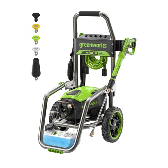 Hidrolavadora eléctrica Greenworks Pro sin escobillas de 3000 PSI (certificación CSA), 2.0 GPM máx. / 1.1 GPM (asas plegables, estructura de acero resistente, manguera de 25 pies, cable de alimentació