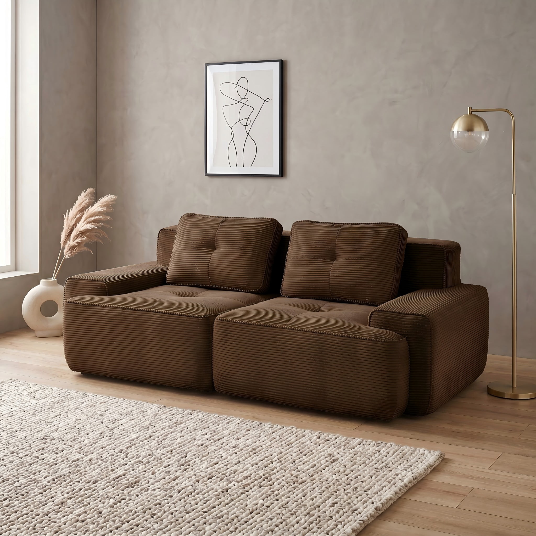 80" Corduroy Modular Sectional Sofa, 2-Seater Tufted Deep Seat Couch, Pet-Friendly Couch, No Assembly, Brown