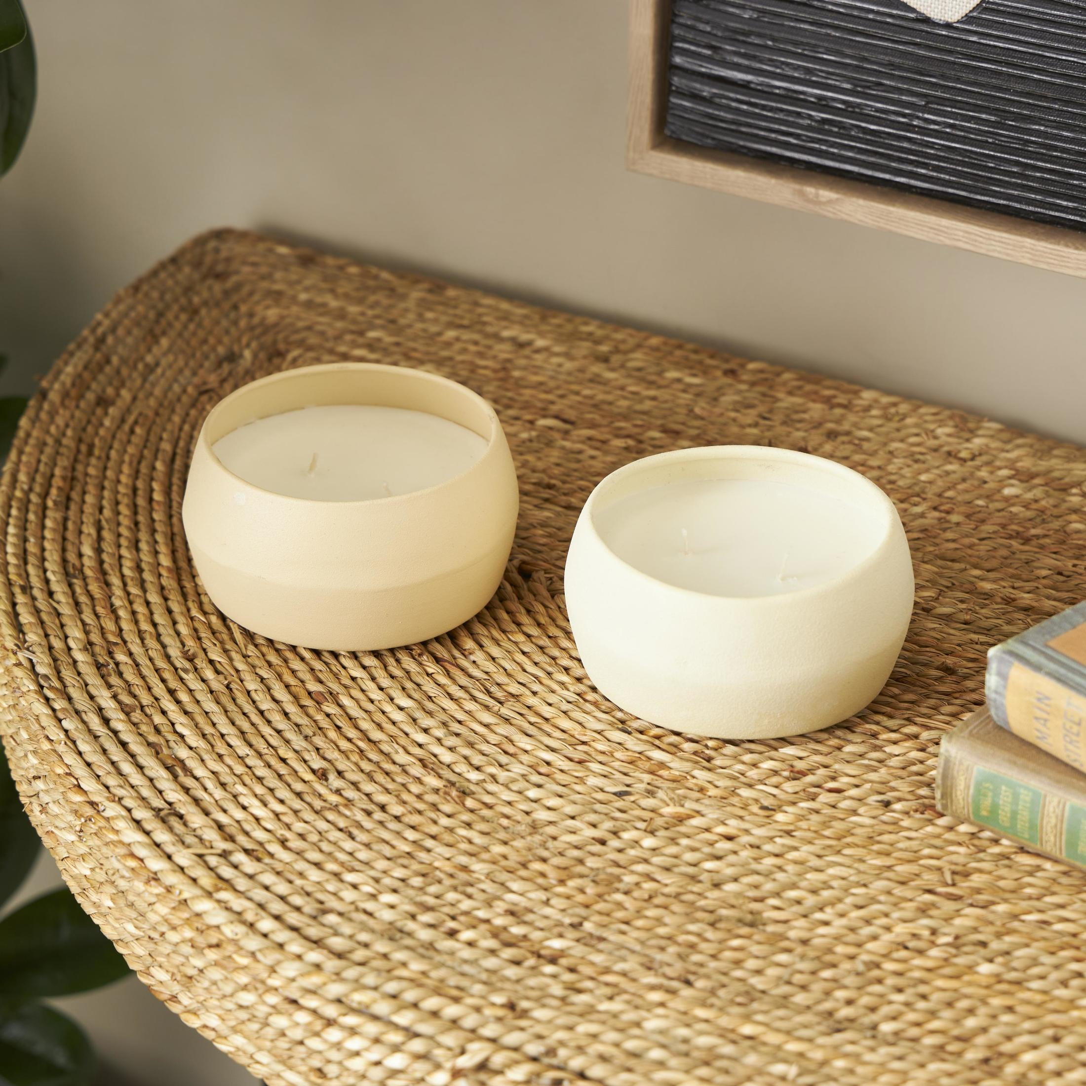 DecMode 2 Holder Beige Metal Fresh Cotton / White Tea & Ginger Scented Textured 9oz 2 Wick Candle with White Wax, (Set of 2)