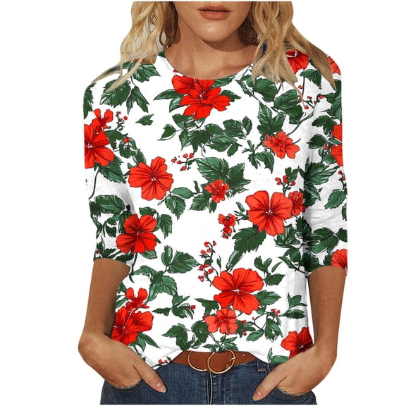Cilsoka Fashion Blouses for Women, 3/4 Length Sleeve Womens Tops Crew Neck Vintage Floral Print Shirts Casual Loose Fit Basic Tunic Blouses, Graphic Trendy Tees