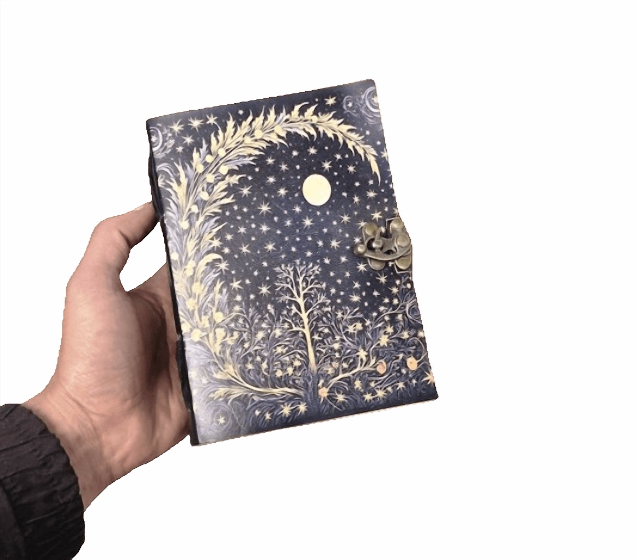 Celestial Leather Journal with Moon & Stars Design, 5x7 Inch Handmade Notebook, 200 Vintage Handmade Paper Pages, Antique Locking Diary for Writing & Sketching