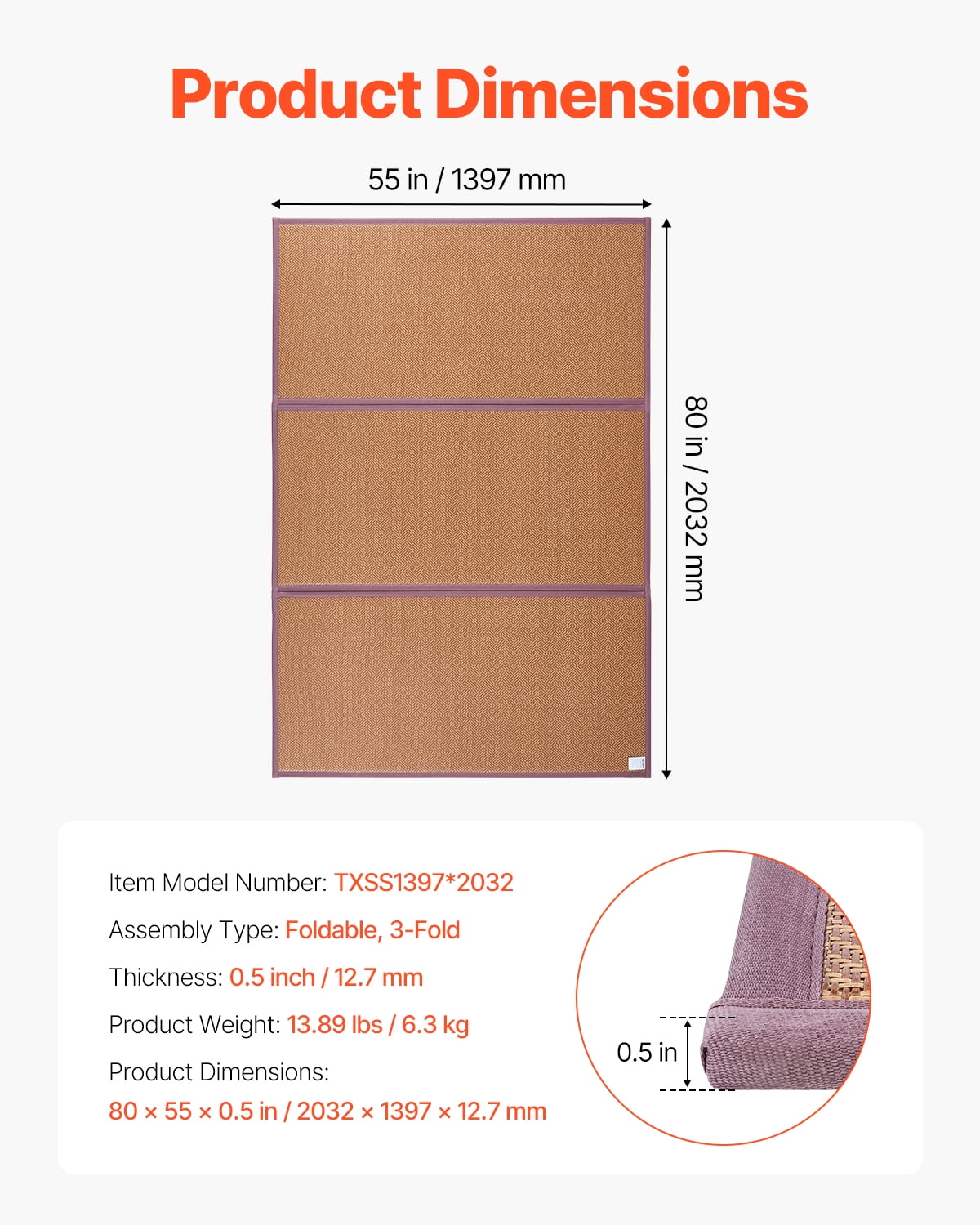 VEVOR Japanese Tatami Mat, 80 x 55 in Foldable Handwoven Natural Rattan Tatami Mat, Non-Slip & Easily Cleaned Japanese Tatami Floor Mat, Summer Breathable Sleeping Mat for Meditation Yoga Relaxation