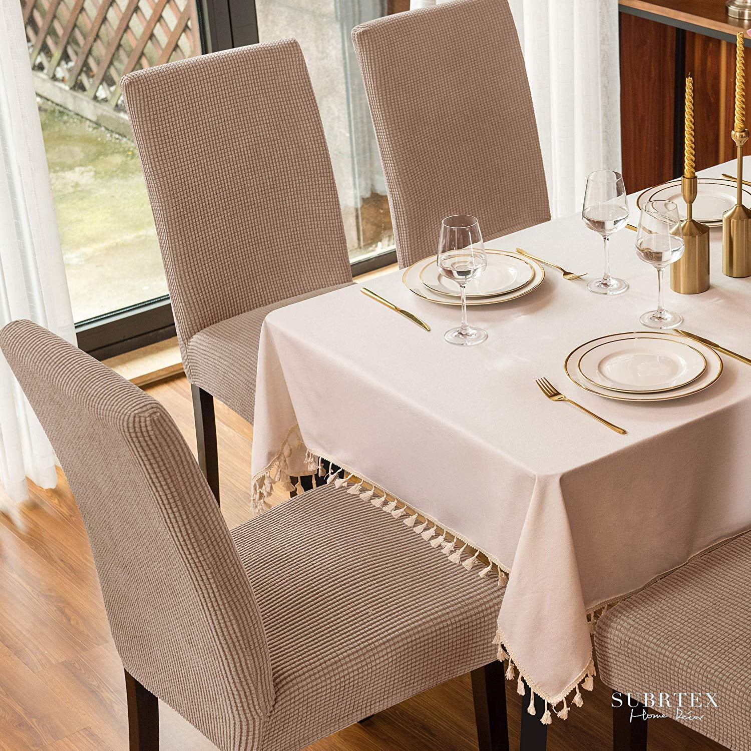 Subrtex Stretch Textured Grid Dining Chair Slipcover (Set of 4, Camel)