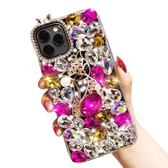 Case Compatible with iPhone 13 Pro max, 3D Handmade Luxury Shiny Crystal Glitter Rhinestone Gems Clear Hard PC Case(Purple)