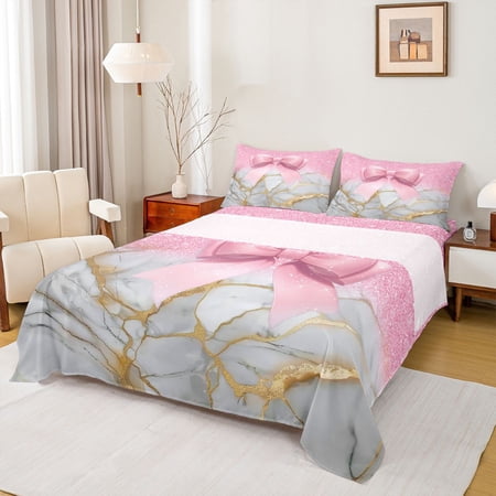 Castle Fairy Kawaii Ribbon Bow Girl Full Size Sheets 4-Piece Abstract Marble Breathable Bed Sheets Dreamy Princess Glitter Lightweight Sheet Sets Super Cozy Room Decor