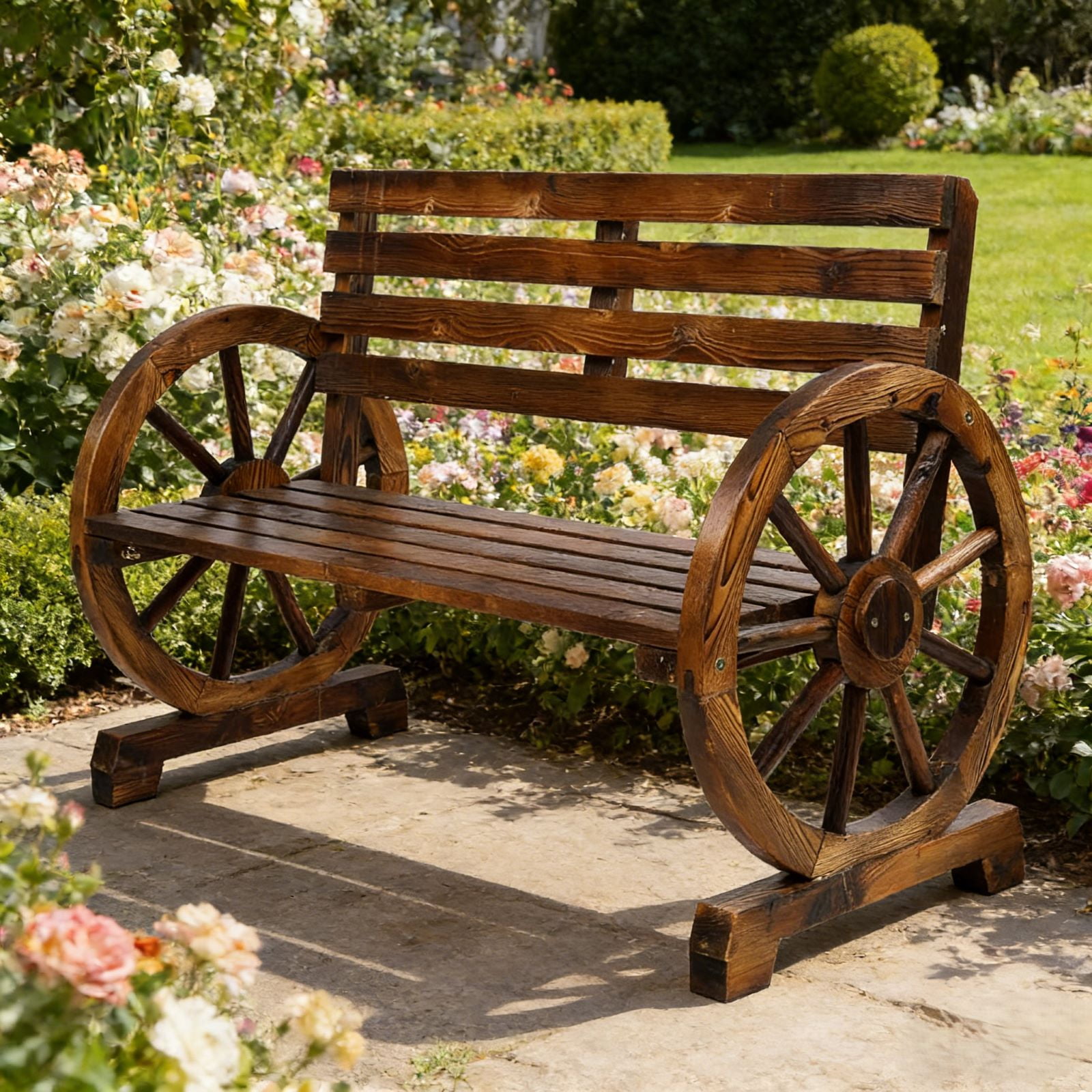Ktaxon 41.5 Inch Rustic Fir Wood Bench, Wagon Wheel Design, Brown Outdoor Garden Patio Seat