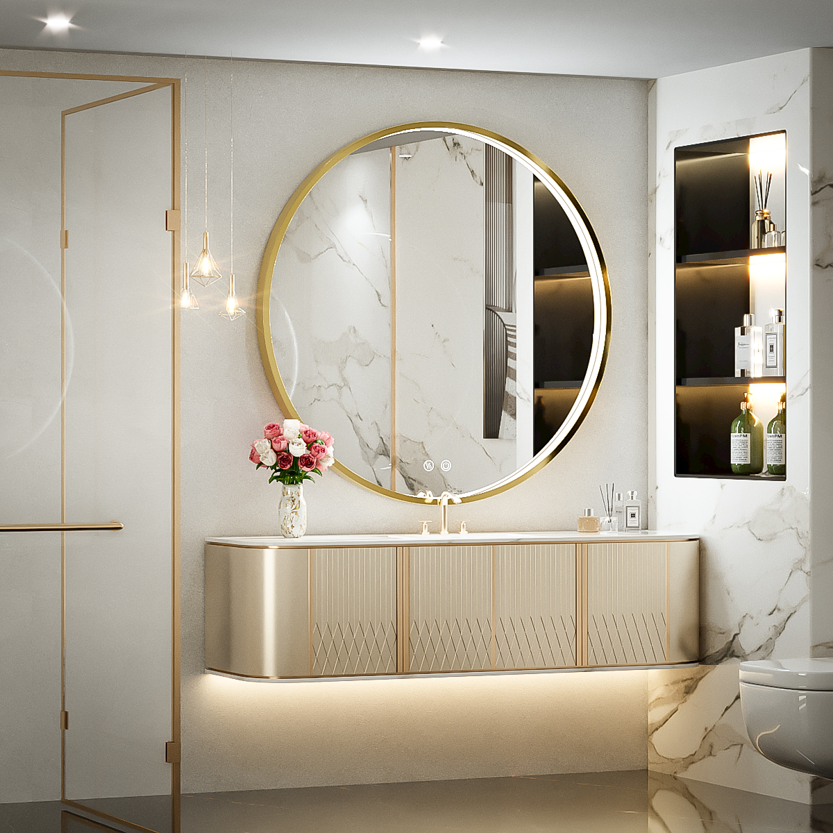 FTOTI 32" Round Gold LED Bathroom Mirror - Anti-Fog, Dimmable Touch, IP54 Waterproof, 90+ CRI, Wall Mounted
