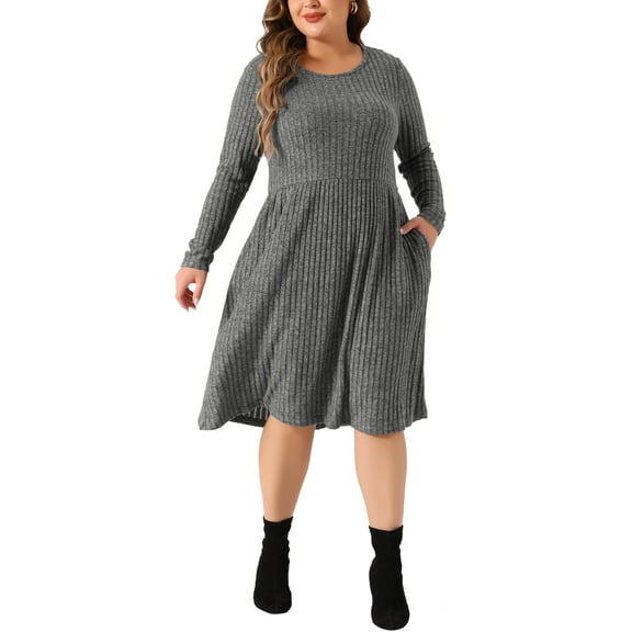 DARING DIVA Plus Size Round Neck Long Sleeve Casual Knit Dress 1X Gray