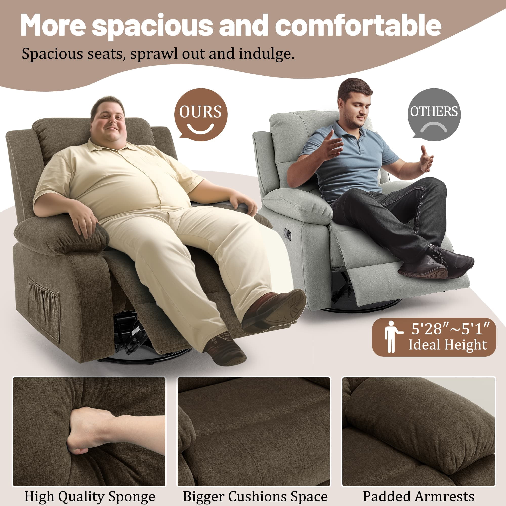Korser Oversized Swivel Rocker Recliner Chair with Massage and Heating for Living Room,Brown